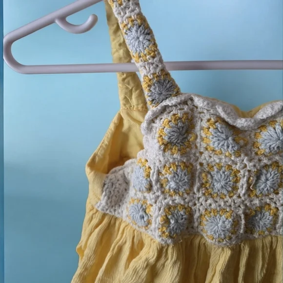 Haute Hippie Crochet Dress Girls 5t Yellow Sunflower Boho Baby Naturals - Picture 2 of 9
